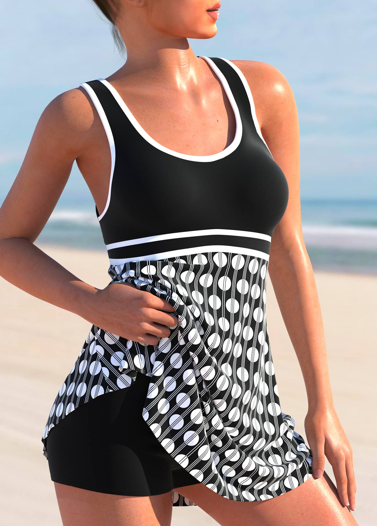Black swimwear,Dot swimwear,ROTITA Polka Dot Black Cross Strap Swimdress Top