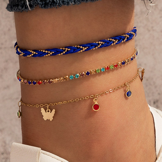 Rhinestone Multi Color Butterfly Detail Anklets Set