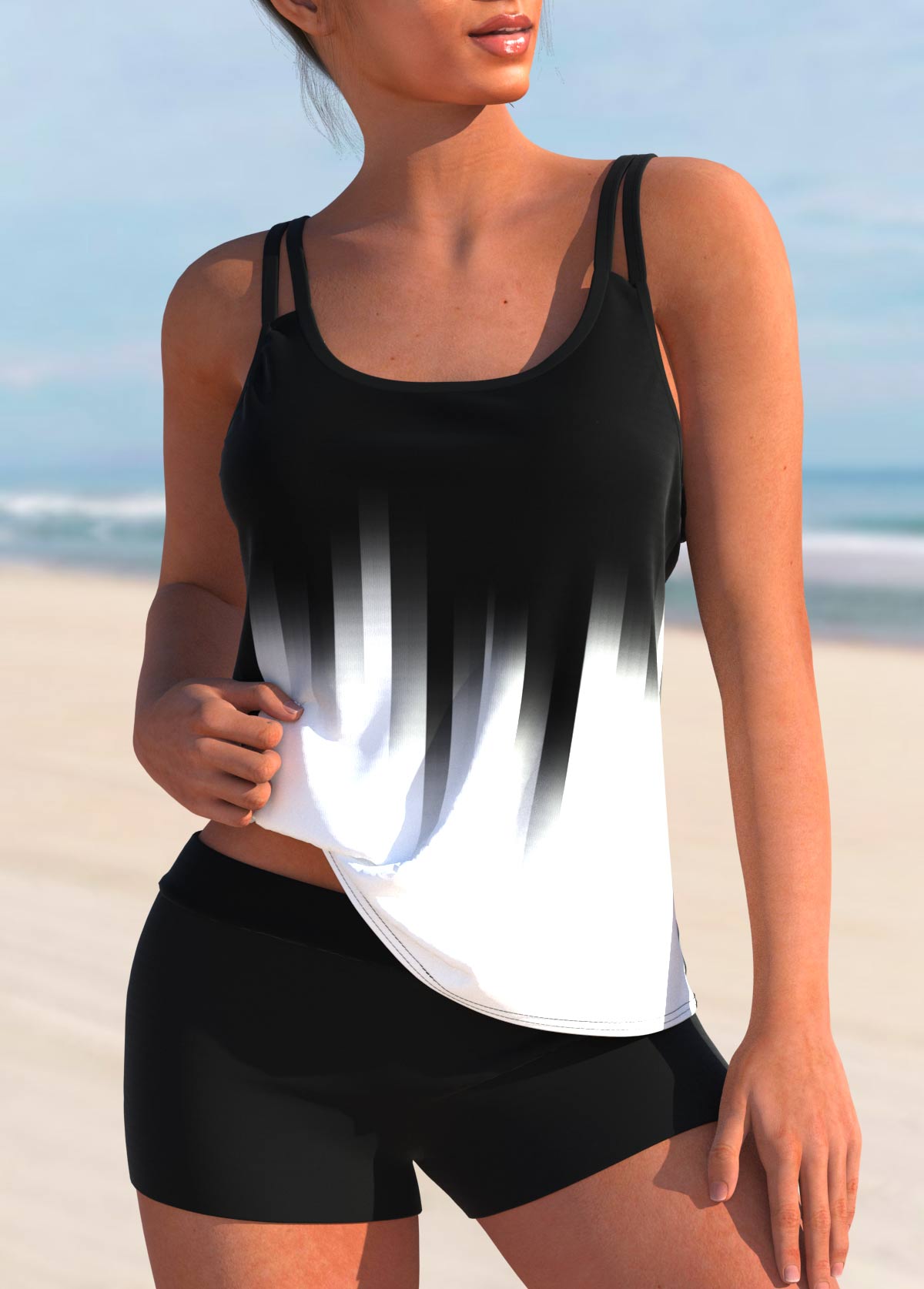 Black swimwear,Ombre swimwear,ROTITA Ombre Print Wide Strap Black Tankini Top