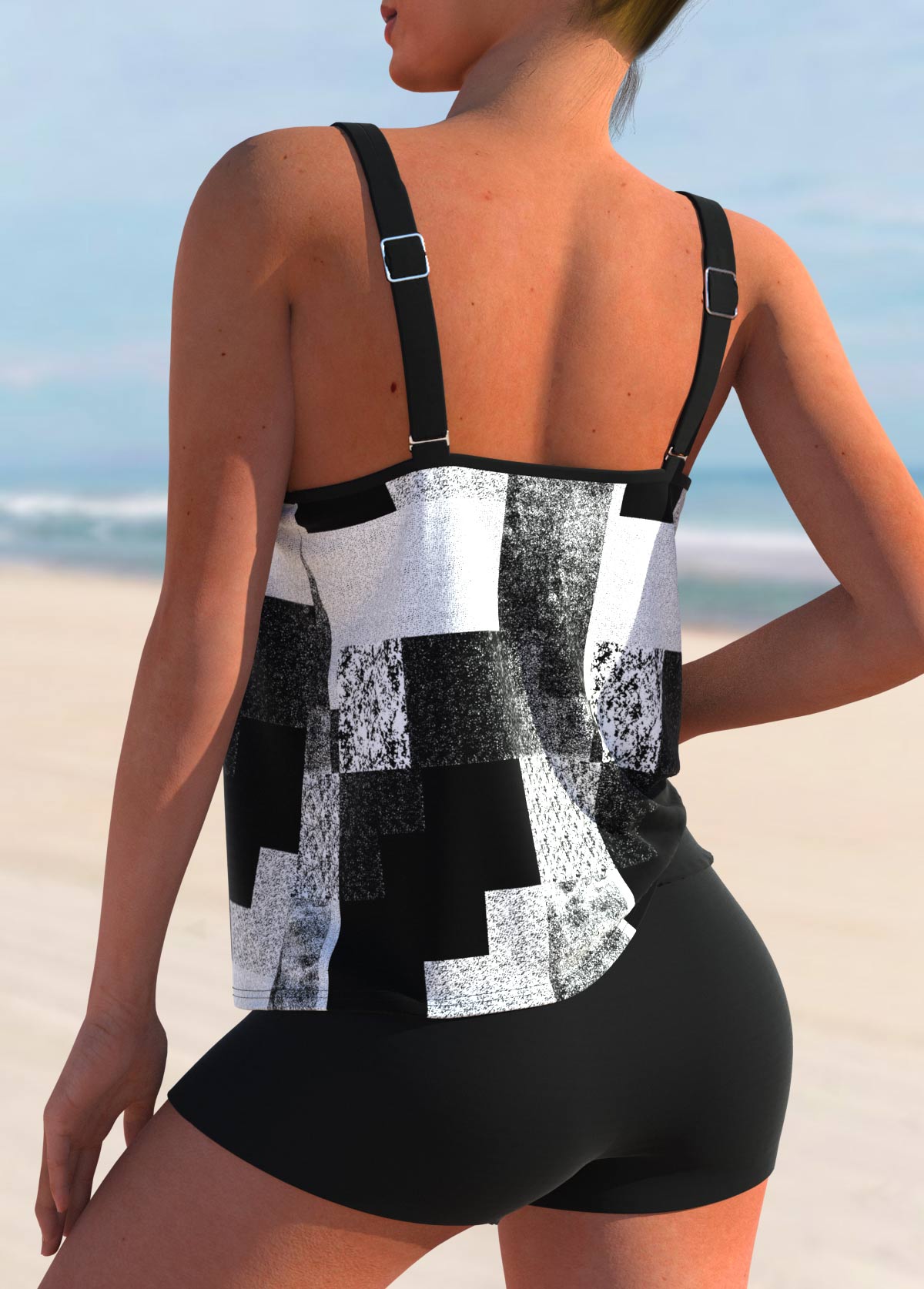 White swimwear,Geometric swimwear,ROTITA Geometric Print Wide Strap White Tankini Top