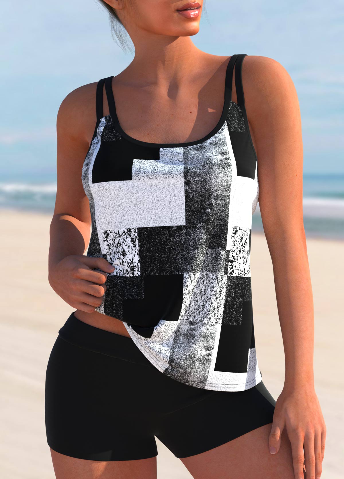 Geometric Print Wide Strap White Tankini Set