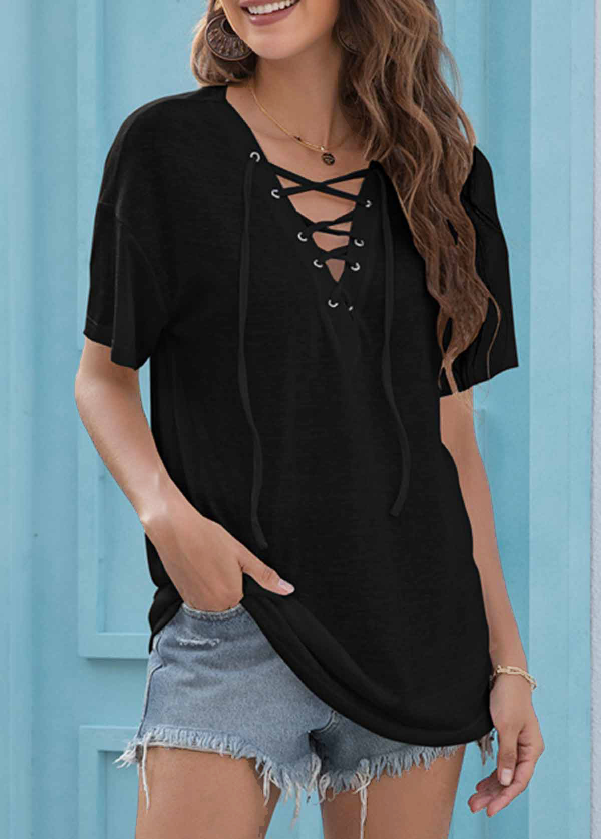 Black tops,Plain Color tops,Black V Neck Short Sleeve Lace Up T Shirt