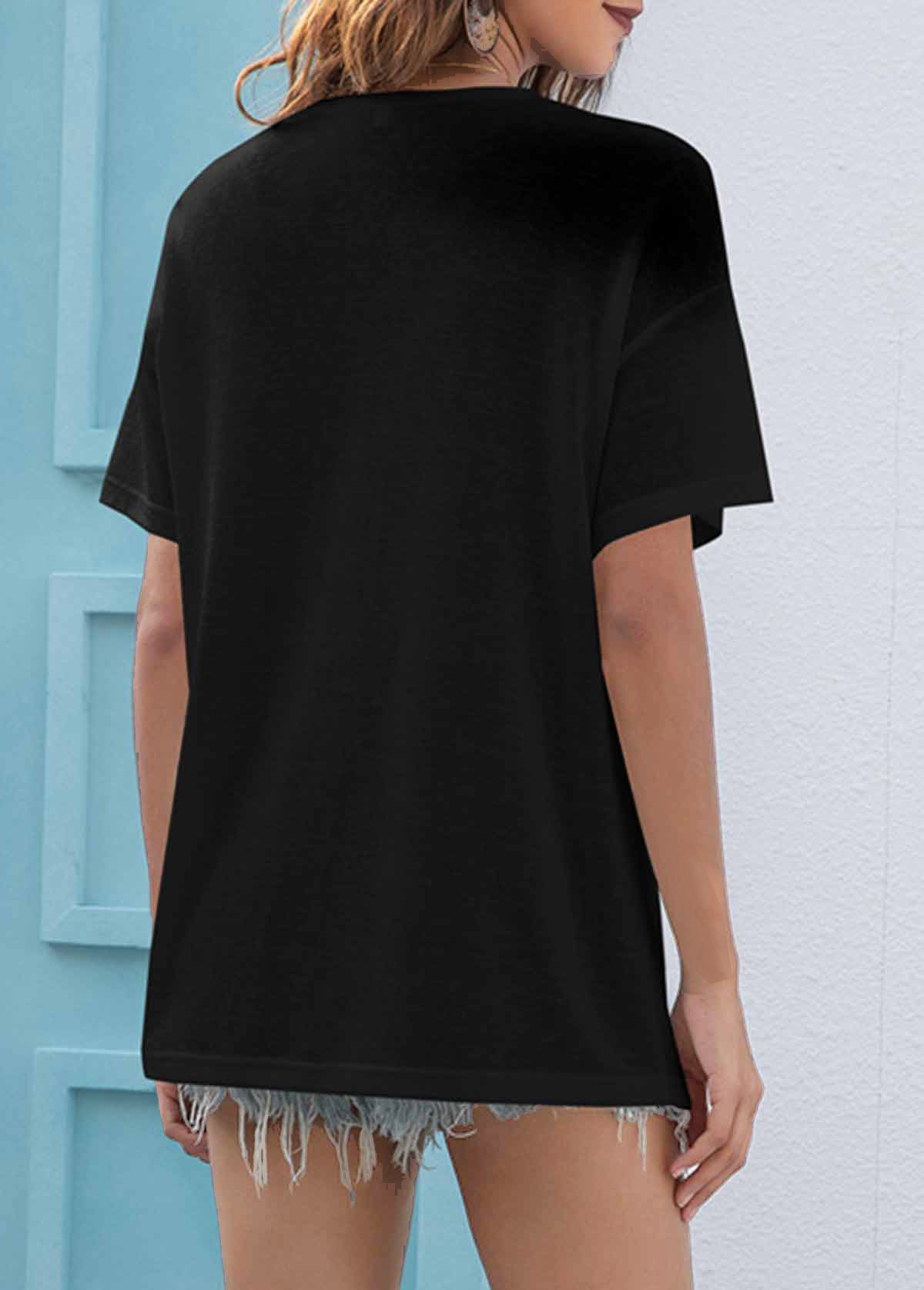 Black tops,Plain Color tops,Black V Neck Short Sleeve Lace Up T Shirt