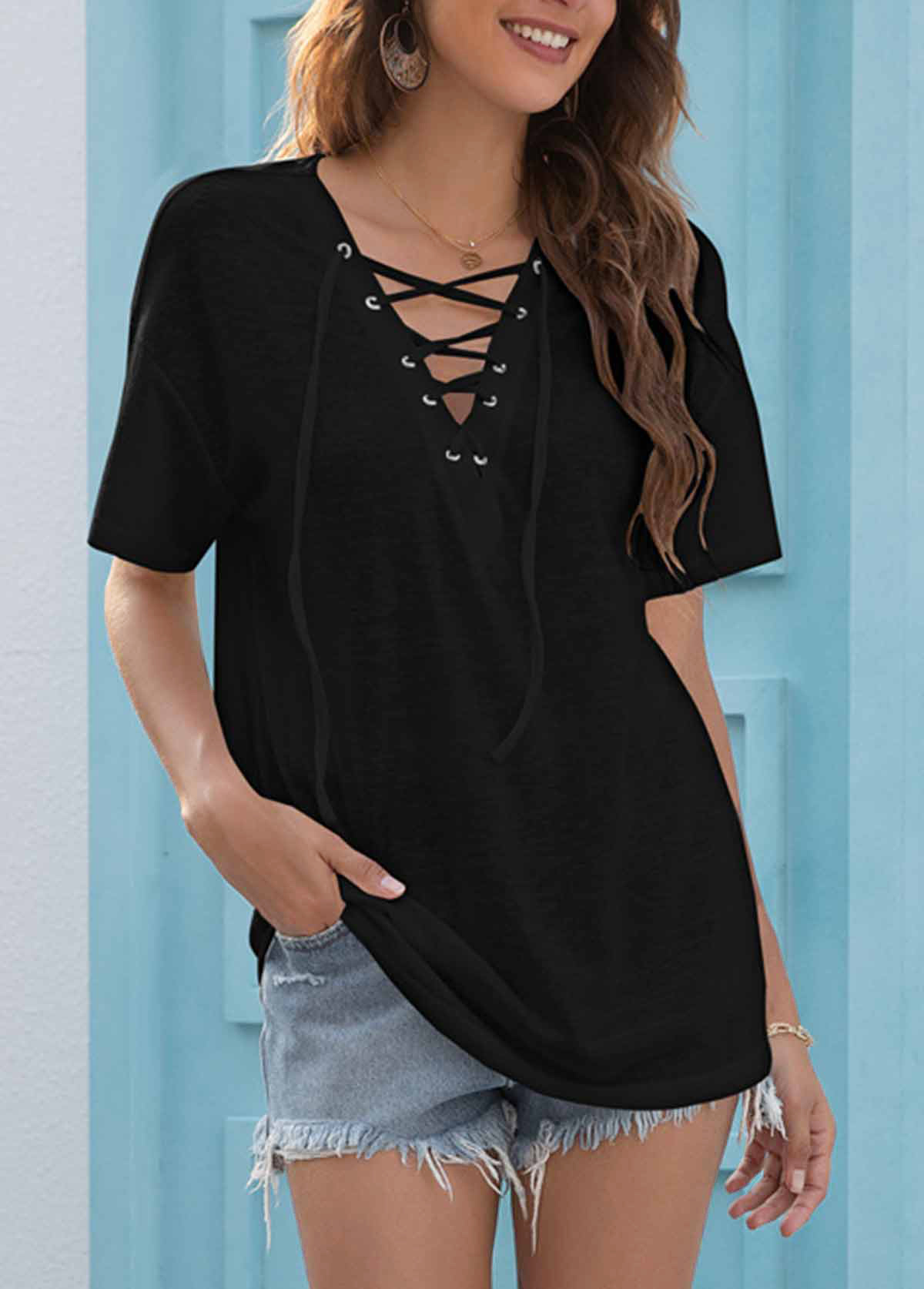 Black tops,Plain Color tops,Black V Neck Short Sleeve Lace Up T Shirt