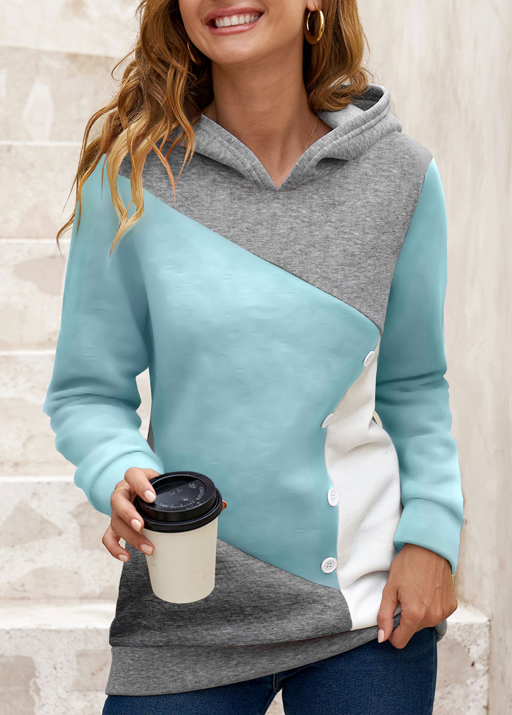 Contrast Color tops,ROTITA Decorative Button Light Blue Contrast Long Sleeve Hoodie