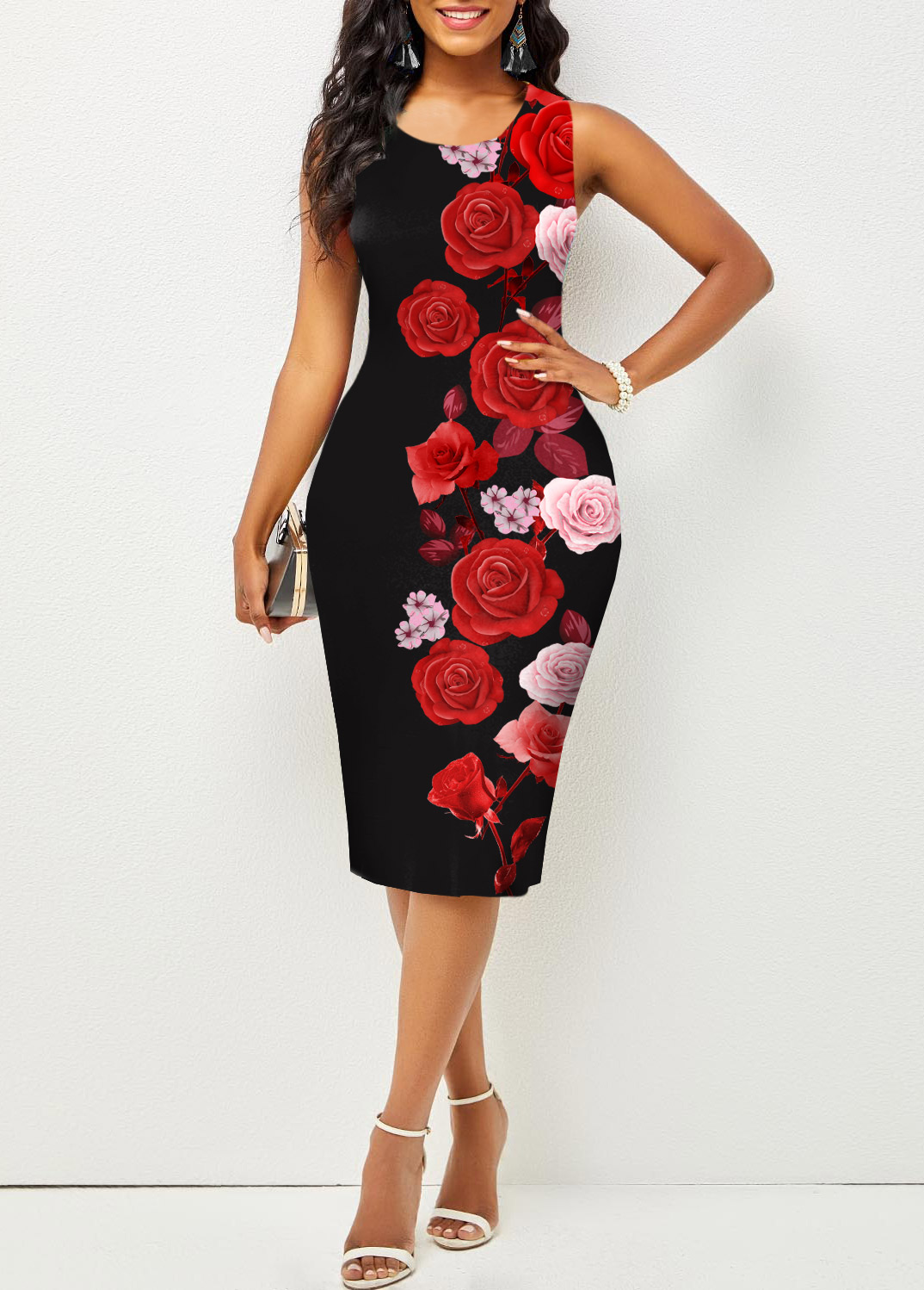 ROTITA Round Neck Valentines Rose Print Dress