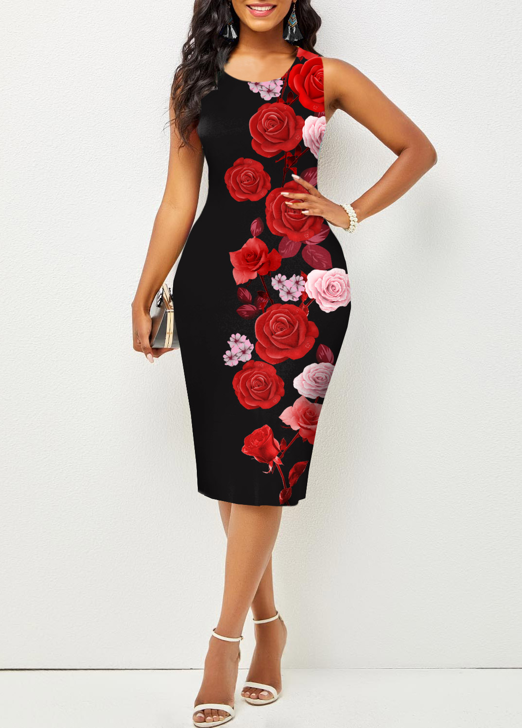 Multi Color dresses,Floral dresses,ROTITA Round Neck Valentines Rose Print Dress