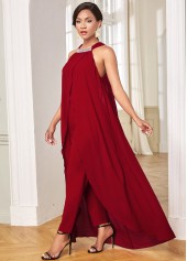 Red jumpsuits & rompers,Plain Color jumpsuits & rompers,ROTITA Chiffon Embellished Neck Overlay Sleeveless Jumpsuit
