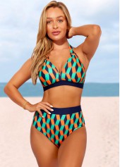 Geometric swimwear,ROTITA Geometric Print Color Block High Waisted Bikini Set