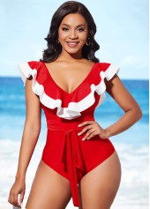 Red swimwear,Contrast Color swimwear,ROTITA Red Flounce Tie Front One Piece Swimwear