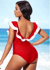 Red swimwear,Contrast Color swimwear,ROTITA Red Flounce Tie Front One Piece Swimwear