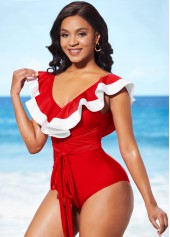 Red swimwear,Contrast Color swimwear,ROTITA Red Flounce Tie Front One Piece Swimwear