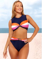 Navy swimwear,Striped swimwear,ROTITA Twist High Waisted Contrast Navy Blue Bikini Set