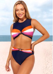 Navy swimwear,Striped swimwear,ROTITA Twist High Waisted Contrast Navy Blue Bikini Set