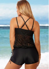 Black swimwear,Plain Color swimwear,ROTITA Lace Patchwork Tie Side Black Tankini Top