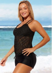 Black swimwear,Plain Color swimwear,ROTITA Lace Patchwork Tie Side Black Tankini Top