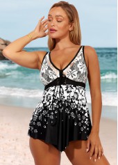 Black swimwear,Floral swimwear,ROTITA Lace Patchwork Black Floral Print Swimdress Top