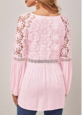 Pink tops,Plain Color tops,ROTITA Pink Lace Stitching Tassel Asymmetric Neck Blouse