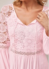 Pink tops,Plain Color tops,ROTITA Pink Lace Stitching Tassel Asymmetric Neck Blouse