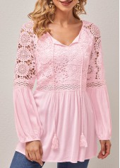 Pink tops,Plain Color tops,ROTITA Pink Lace Stitching Tassel Asymmetric Neck Blouse