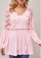 ROTITA Pink Lace Stitching Tassel Asymmetric Neck Blouse