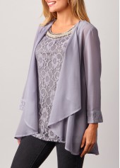 Light Grey tops,Plain Color tops,ROTITA Lace Patchwork Cardigan and Grey Round Neck Tank Top