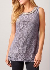 Light Grey tops,Plain Color tops,ROTITA Lace Patchwork Cardigan and Grey Round Neck Tank Top