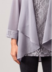 Light Grey tops,Plain Color tops,ROTITA Lace Patchwork Cardigan and Grey Round Neck Tank Top