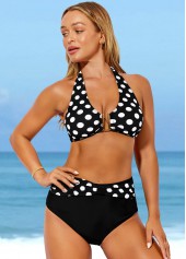 ROTITA Polka Dot Black Halter High Waisted Bikini Set
