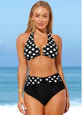 Black swimwear,Dot swimwear,ROTITA Polka Dot Black Halter High Waisted Bikini Set