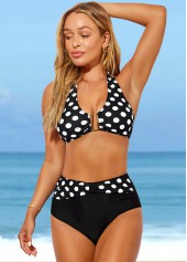 Black swimwear,Dot swimwear,ROTITA Polka Dot Black Halter High Waisted Bikini Set