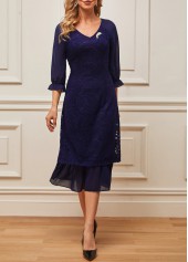 Navy dresses,Plain Color dresses,ROTITA Lace Patchwork Navy Blue V Neck Dress