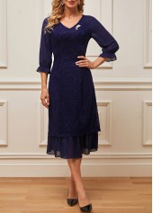 Navy dresses,Plain Color dresses,ROTITA Lace Patchwork Navy Blue V Neck Dress