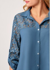 Denim Blue tops,Plain Color tops,ROTITA Embroidered Mesh Stitching Sequin Denim Blue Blouse