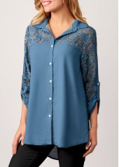 Denim Blue tops,Plain Color tops,ROTITA Embroidered Mesh Stitching Sequin Denim Blue Blouse