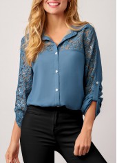 ROTITA Embroidered Mesh Stitching Sequin Denim Blue Blouse