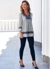 Grey tops,Contrast Color tops,ROTITA Lace Panel Tassel Grey 3/4 Sleeve Blouse