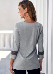Grey tops,Contrast Color tops,ROTITA Lace Panel Tassel Grey 3/4 Sleeve Blouse