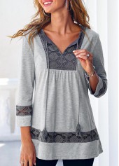 ROTITA Lace Panel Tassel Grey 3/4 Sleeve Blouse