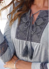 Grey tops,Contrast Color tops,ROTITA Lace Panel Tassel Grey 3/4 Sleeve Blouse