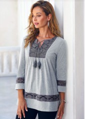 Grey tops,Contrast Color tops,ROTITA Lace Panel Tassel Grey 3/4 Sleeve Blouse