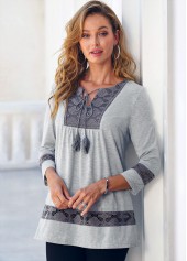 Grey tops,Contrast Color tops,ROTITA Lace Panel Tassel Grey 3/4 Sleeve Blouse