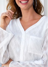 White tops,Plain Color tops,ROTITA Pocket V Neck White Long Sleeve Blouse