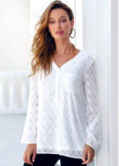 White tops,Plain Color tops,ROTITA Pocket V Neck White Long Sleeve Blouse