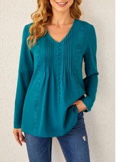 Peacock Blue tops,Plain Color tops,ROTITA Lace Stitching Crinkle Chest Peacock Blue Blouse