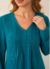 Peacock Blue tops,Plain Color tops,ROTITA Lace Stitching Crinkle Chest Peacock Blue Blouse