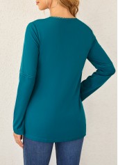 Peacock Blue tops,Plain Color tops,ROTITA Lace Stitching Crinkle Chest Peacock Blue Blouse