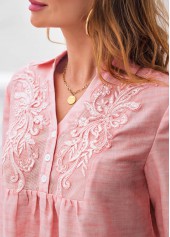 Pink tops,Plain Color tops,ROTITA Pink Lace Stitching 3/4 Sleeve Blouse