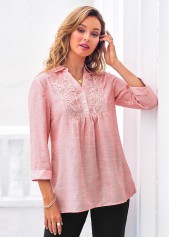 Pink tops,Plain Color tops,ROTITA Pink Lace Stitching 3/4 Sleeve Blouse