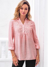 Pink tops,Plain Color tops,ROTITA Pink Lace Stitching 3/4 Sleeve Blouse
